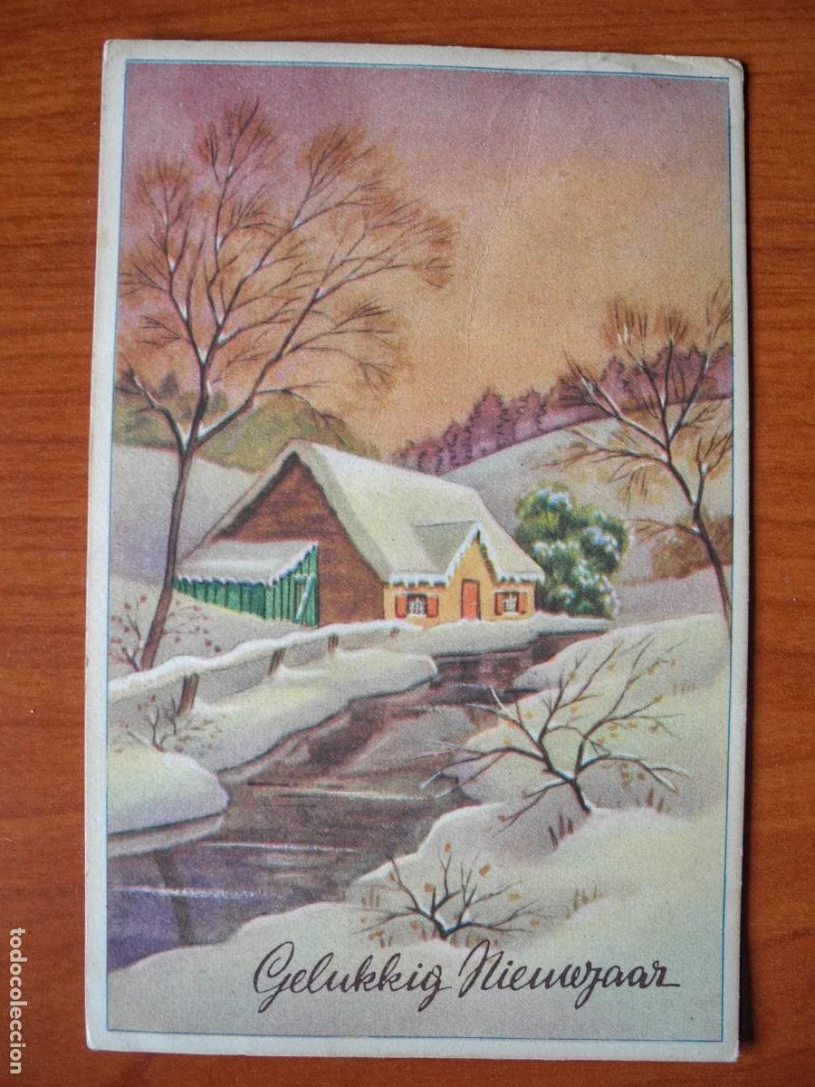 Cartoline: Navidad. Paisaje nevado. R&iacute;o. Circulada con sello 1950 9x14