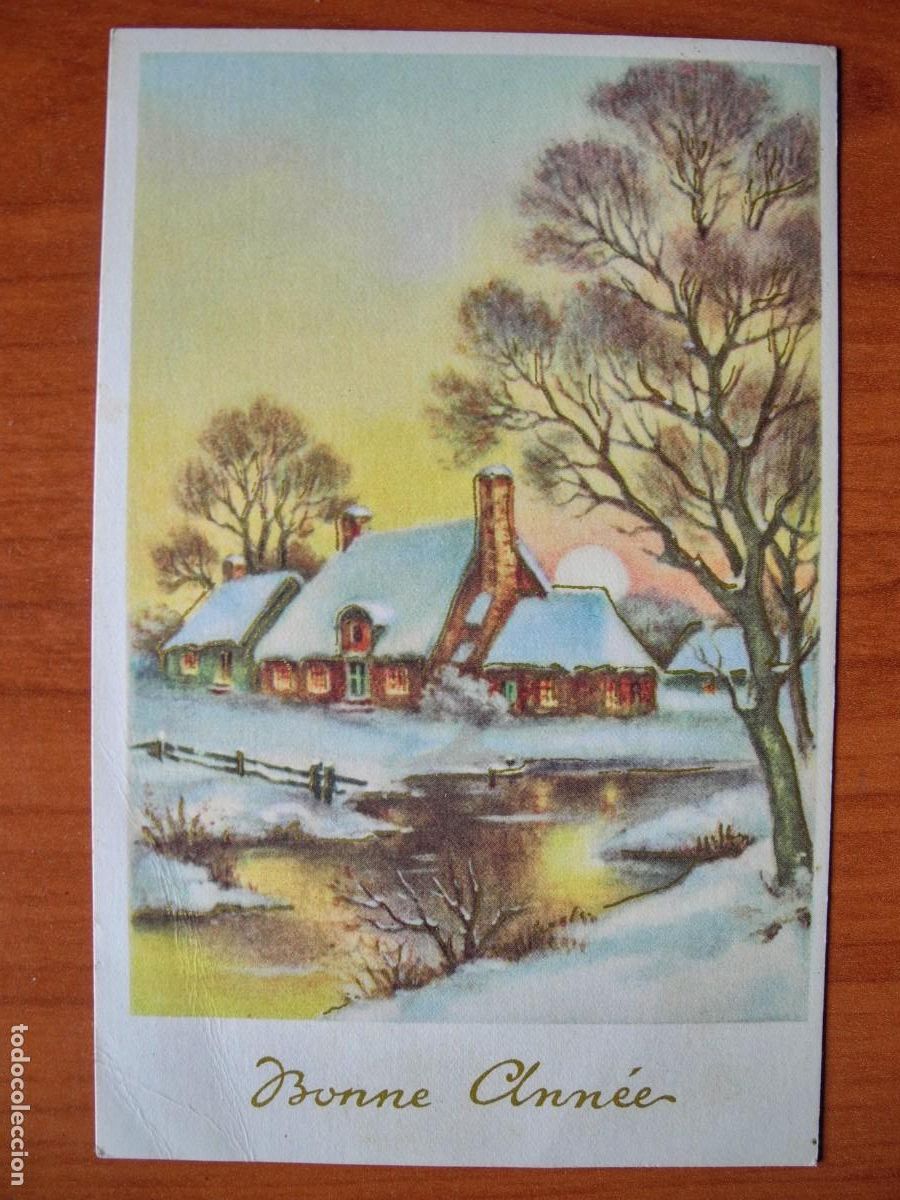 Cartoline: Navidad. Paisaje nevado. R&iacute;o. Trazos dorados. Circulada con sello 1956 9x14