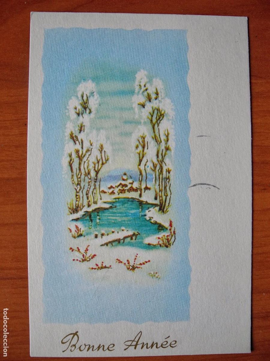 Cartoline: Navidad. Paisaje nevado. R&iacute;o. Circulada con sello 9x14