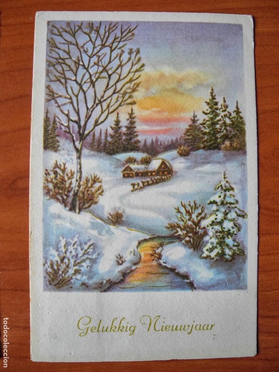 Cartoline: Navidad. Paisaje nevado. R&iacute;o. Circulada con sello 1959 9x14