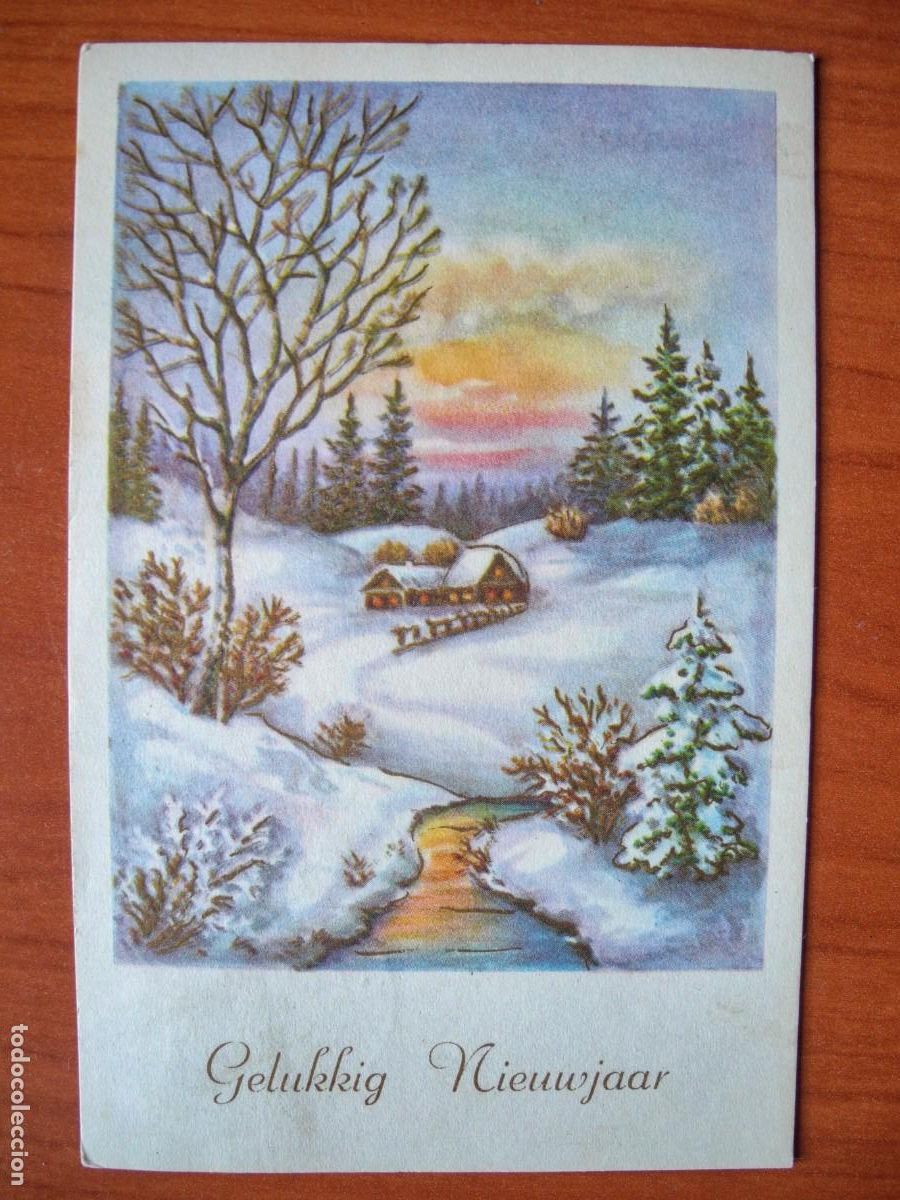 Postais: Navidad. Paisaje nevado. R&iacute;o. Trazos dorados. Circulada con sello 1960 9x14