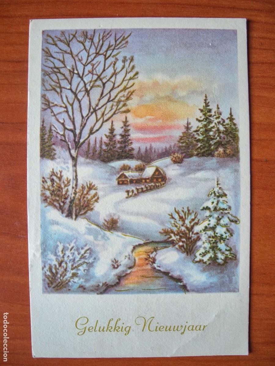 Postais: Navidad. Paisaje nevado. R&iacute;o. Trazos dorados. Circulada con sello 9x14