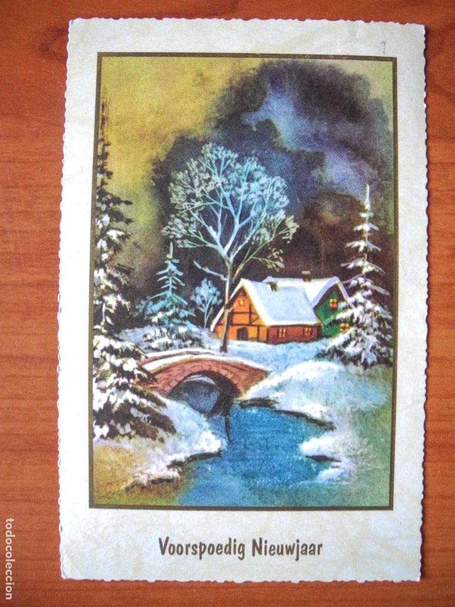 Postais: Navidad. Paisaje nevado. R&iacute;o. Puente. Circulada con sello 1966 9x14