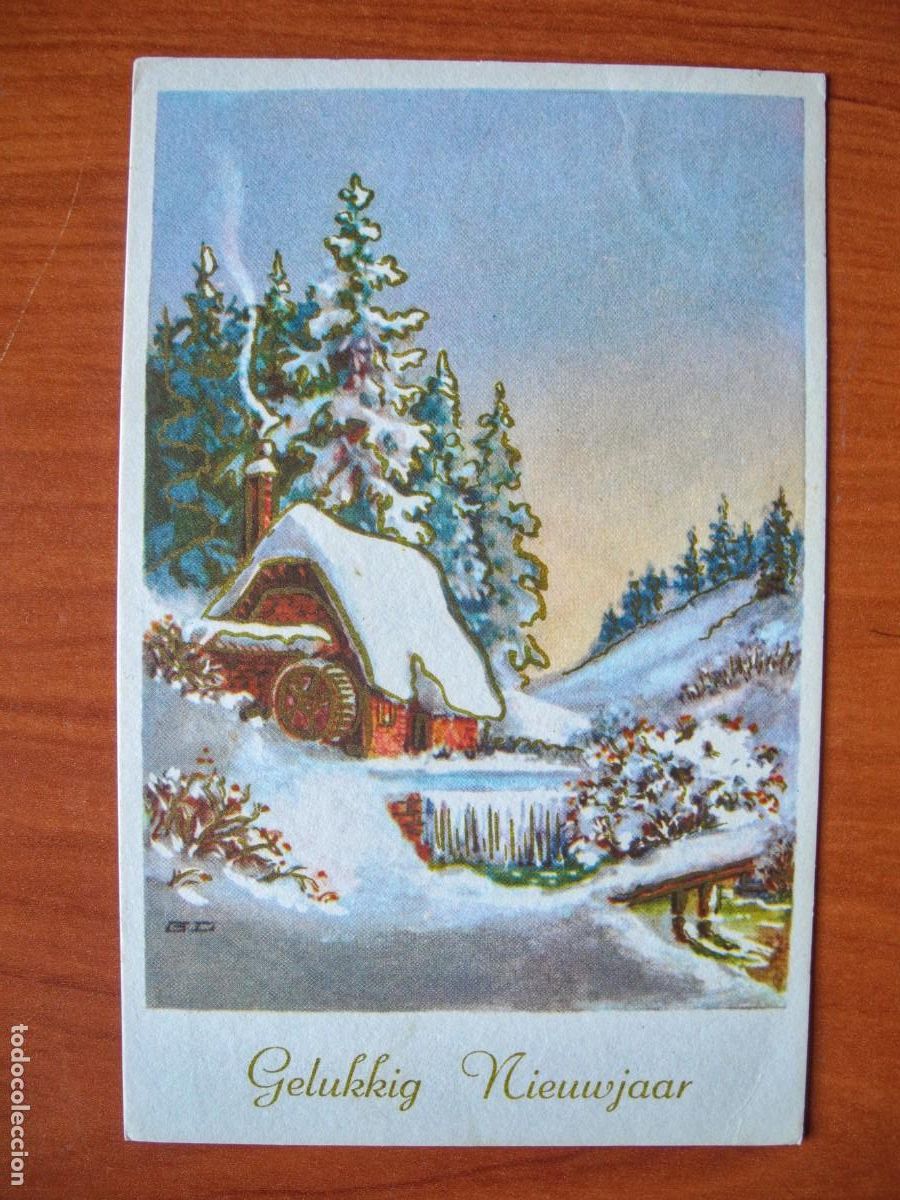 Postais: Navidad. Paisaje nevado. R&iacute;o. Molino Trazos dorados. Circulada con sello 1970 9x14