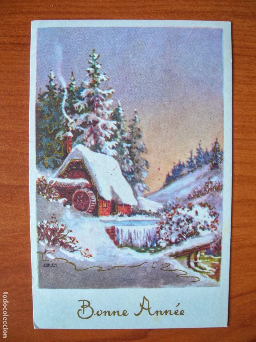 Postais: Navidad. Paisaje nevado. R&iacute;o. Molino Trazos dorados. Circulada con sello 1963 9x14