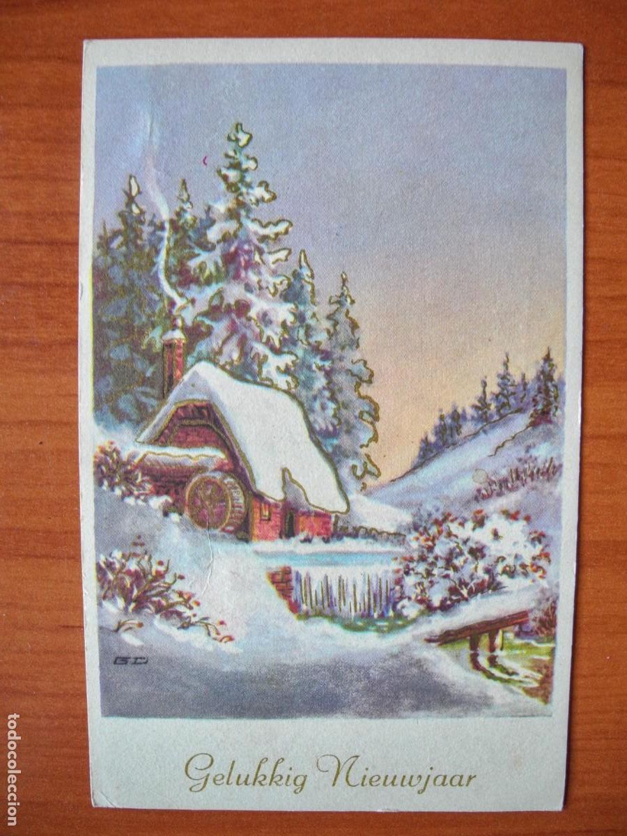 Postais: Navidad. Paisaje nevado. R&iacute;o. Molino Trazos dorados. Circulada con sello 1972 9x14