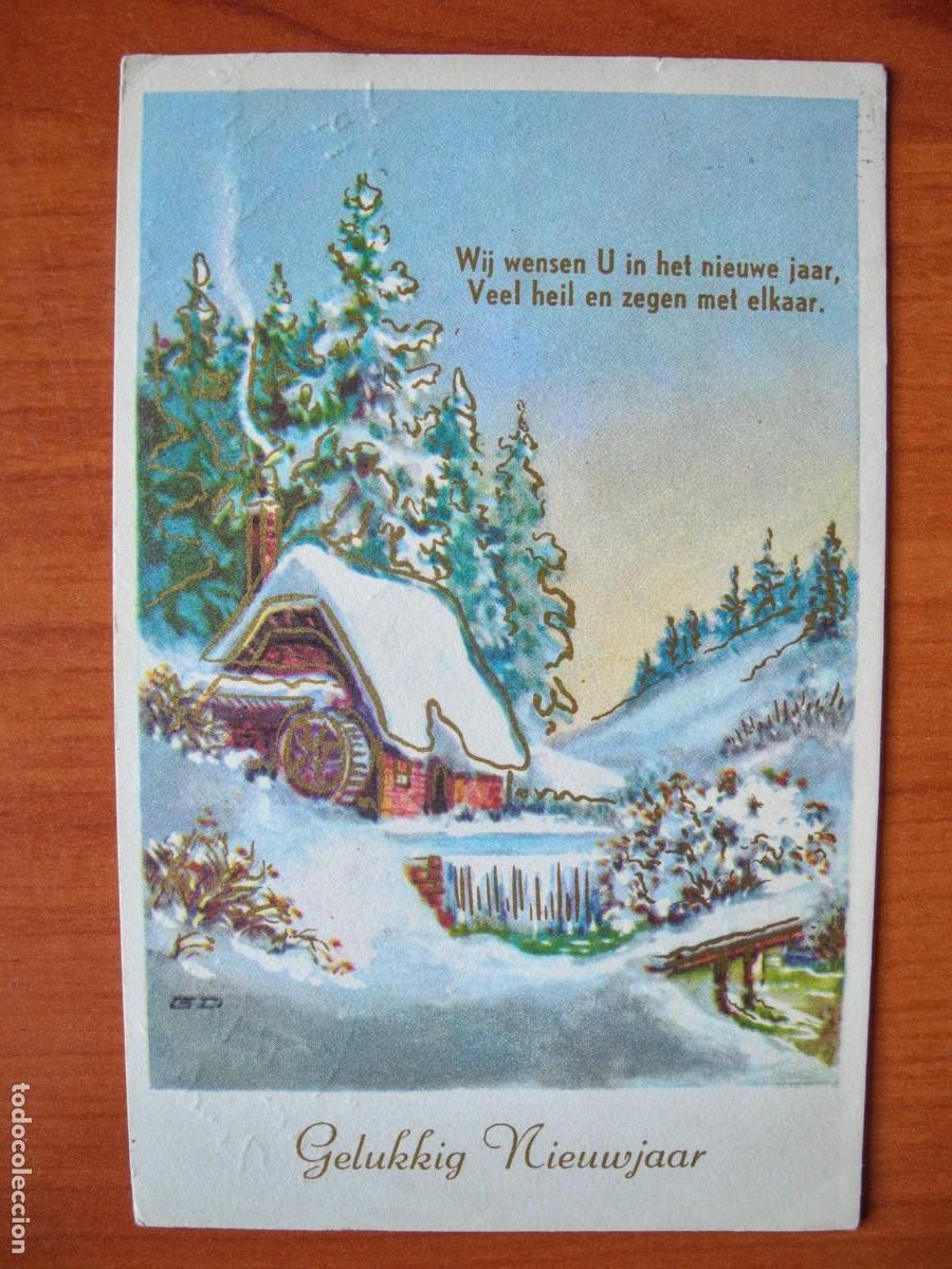 Postais: Navidad. Paisaje nevado. R&iacute;o. Molino Trazos dorados. Circulada con sello 9x14