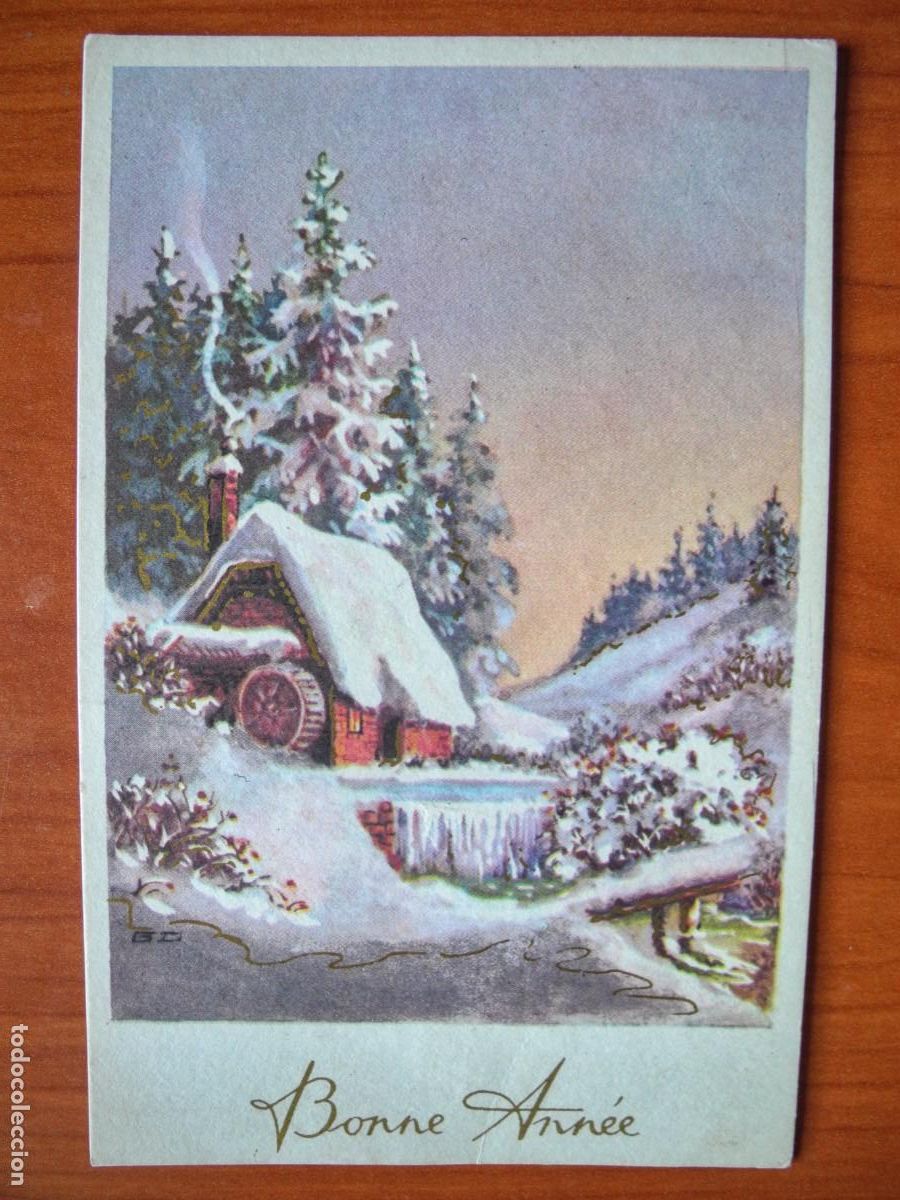 Postais: Navidad. Paisaje nevado. R&iacute;o. Molino Trazos dorados. Circulada con sello 1968 9x14