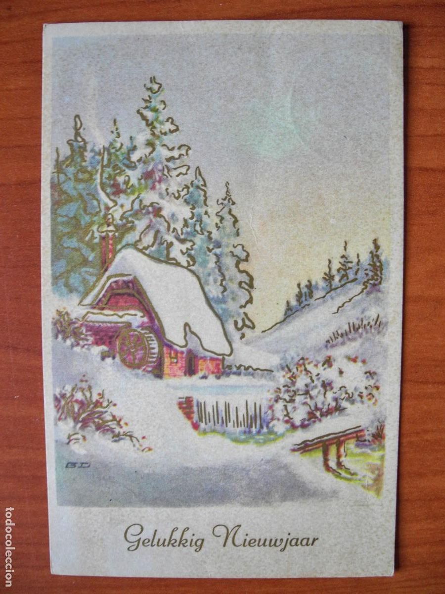 Postais: Navidad. Paisaje nevado. R&iacute;o. Molino Trazos dorados. Circulada con sello 1968 9x14