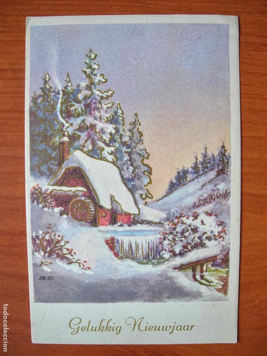 Postais: Navidad. Paisaje nevado. R&iacute;o. Molino Trazos dorados. Circulada con sello 9x14