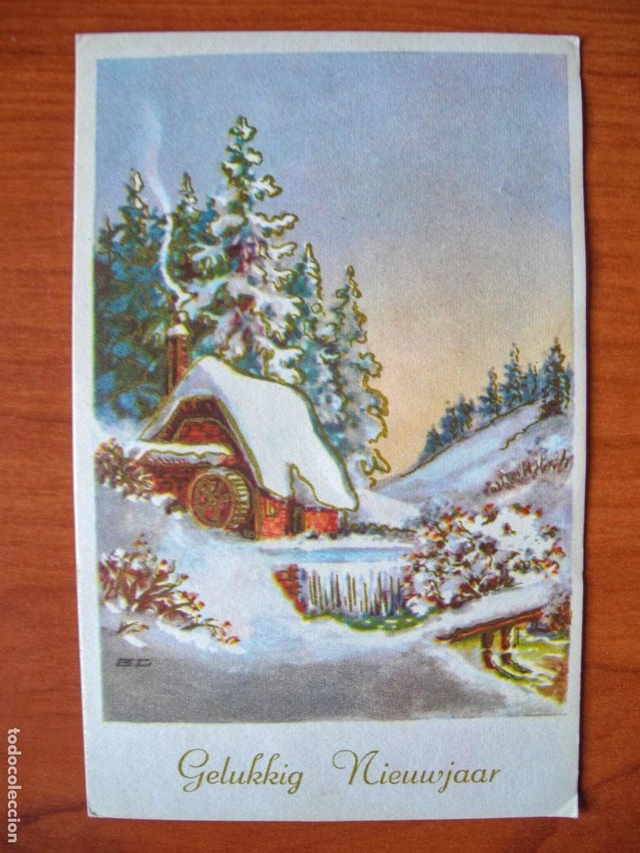 Postais: Navidad. Paisaje nevado. R&iacute;o. Molino Trazos dorados. Escrita 9x14