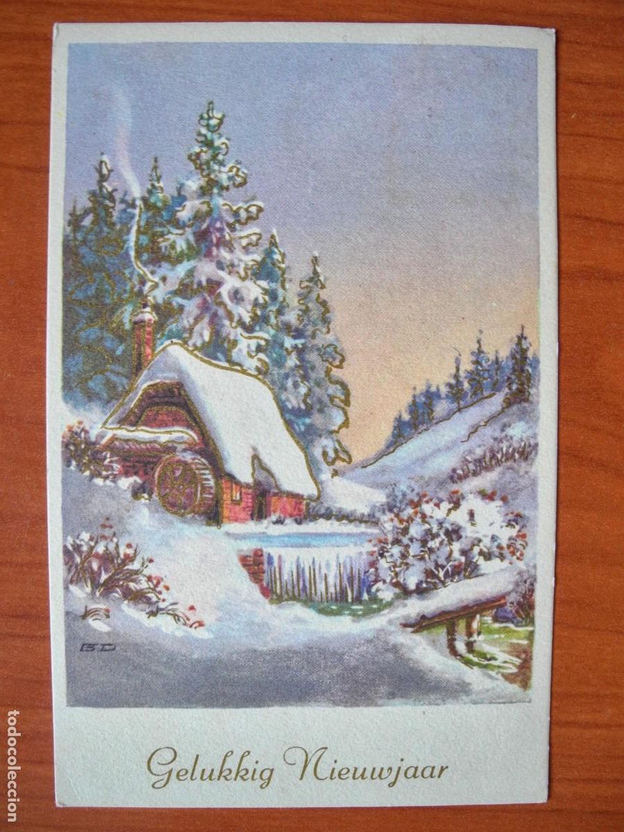 Postais: Navidad. Paisaje nevado. R&iacute;o. Molino Trazos dorados. Circulada 1966 9x14