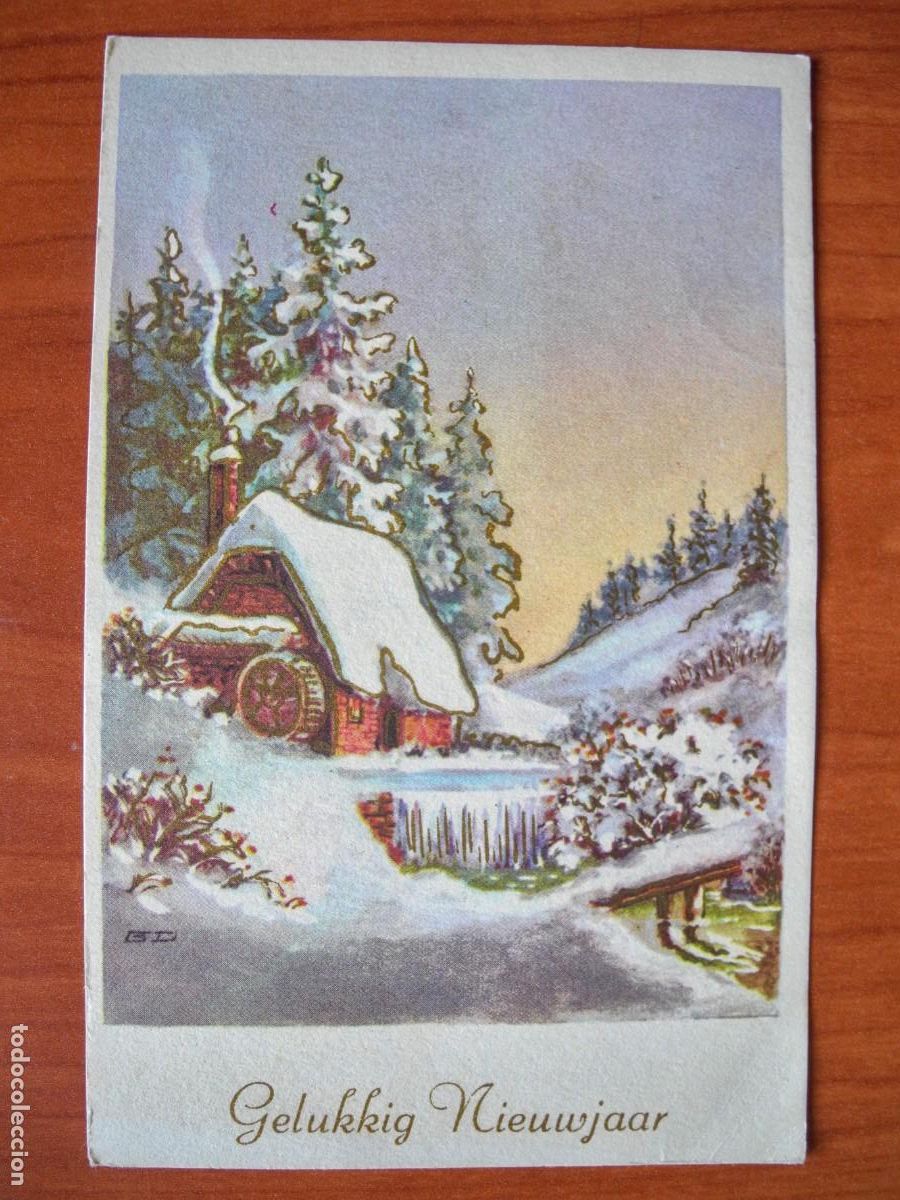 Postais: Navidad. Paisaje nevado. R&iacute;o. Molino Trazos dorados. Circulada 1968 9x14