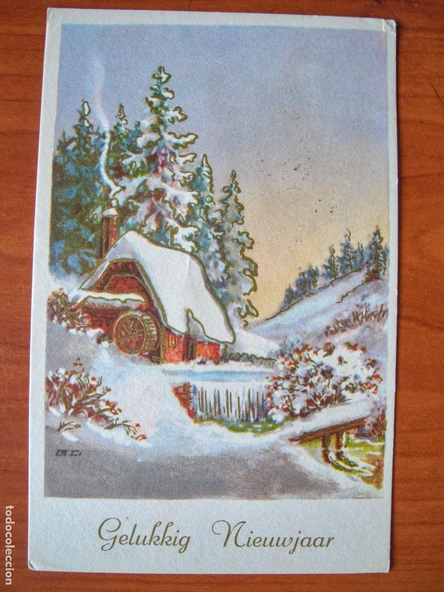 Postais: Navidad. Paisaje nevado. R&iacute;o. Molino Trazos dorados. Circulada 1966 9x14