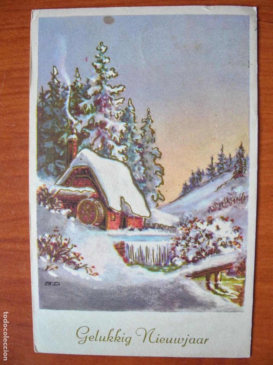 Postais: Navidad. Paisaje nevado. R&iacute;o. Molino Trazos dorados. Circulada 1969 9x14