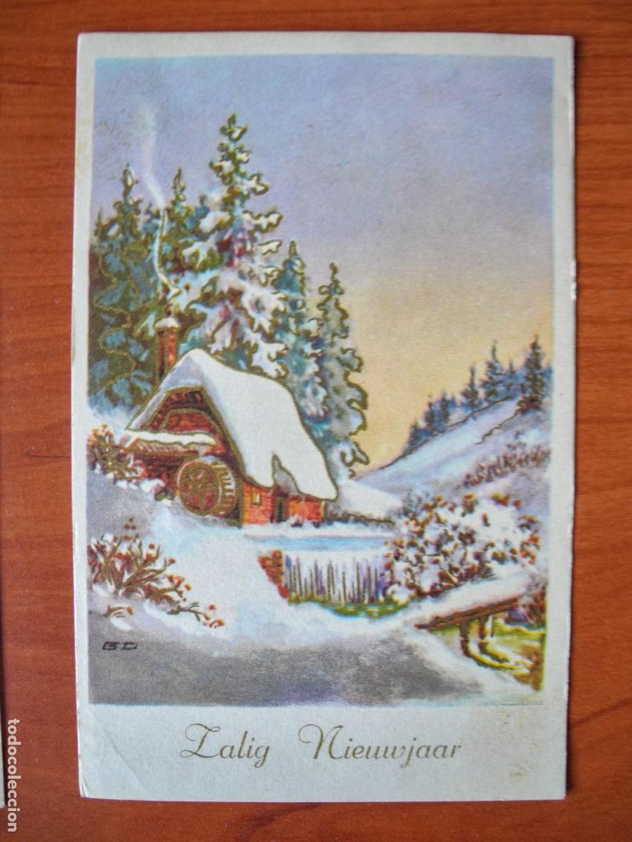 Postais: Navidad. Paisaje nevado. R&iacute;o. Molino Trazos dorados. Circulada 1965 9x14