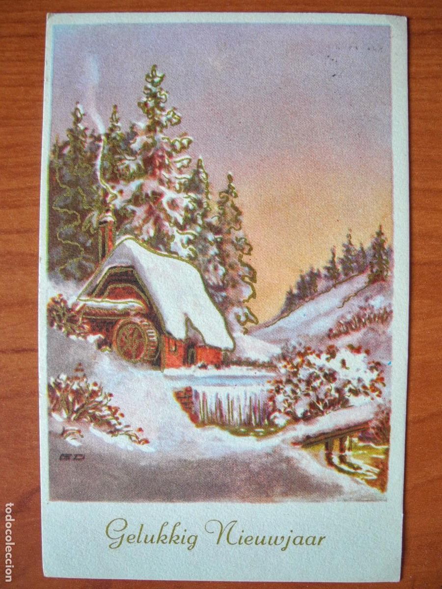 Postais: Navidad. Paisaje nevado. R&iacute;o. Molino Trazos dorados. Escrita 9x14