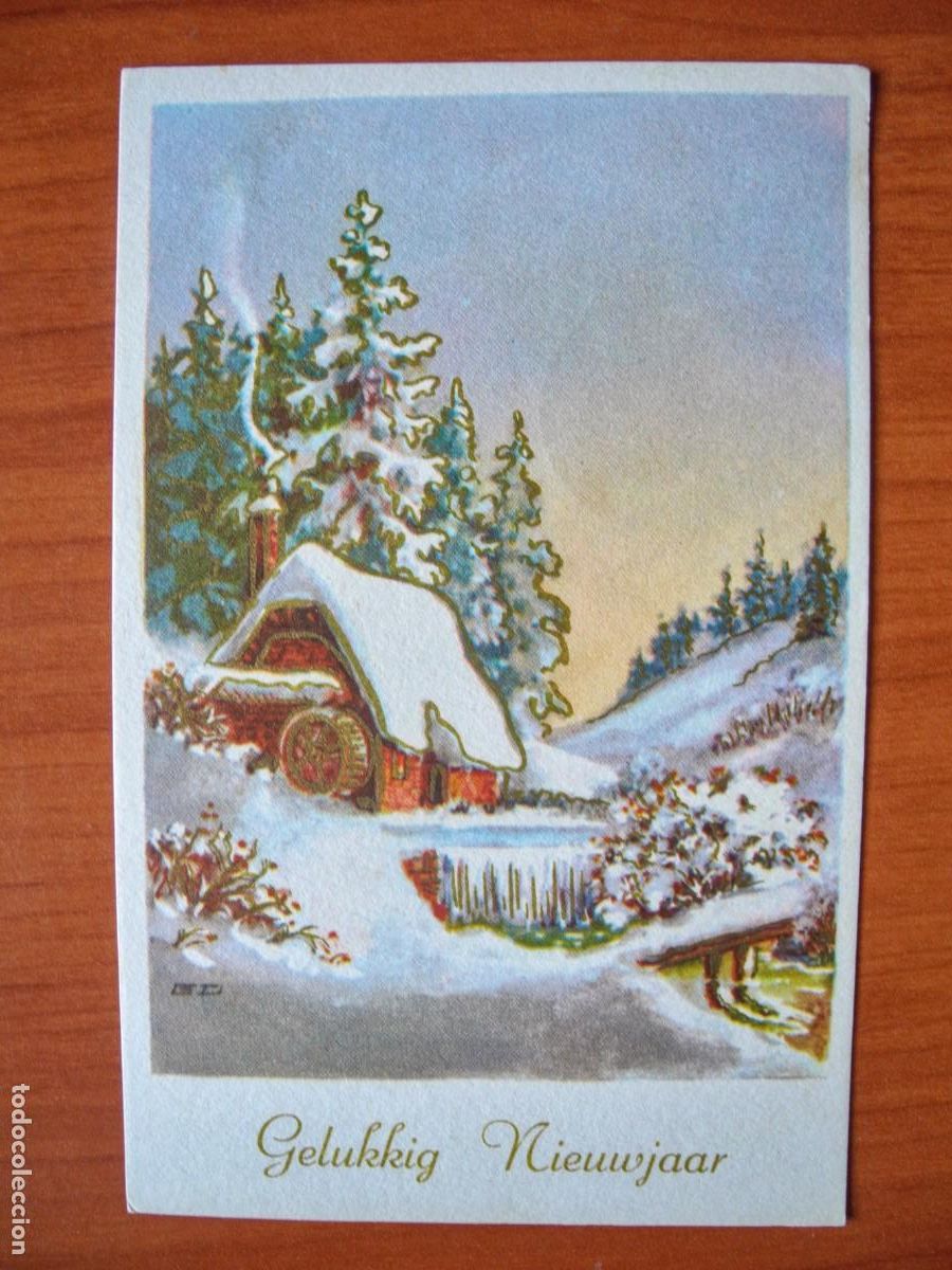 Postais: Navidad. Paisaje nevado. R&iacute;o. Molino Trazos dorados. Circulada con sello 1963 9x14