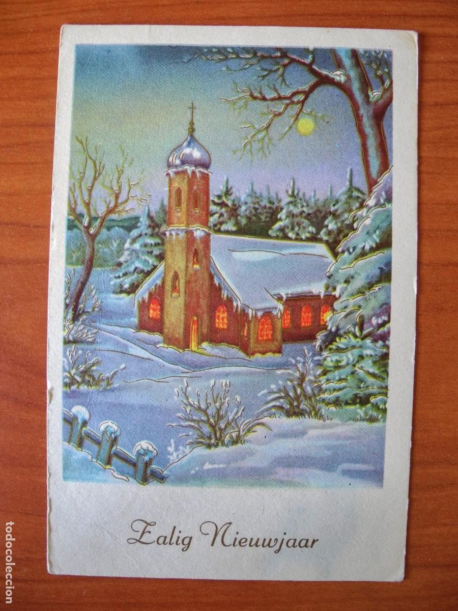 Postais: Navidad. Paisaje nevado. Iglesia. Trazos dorados. Escrita 9x14
