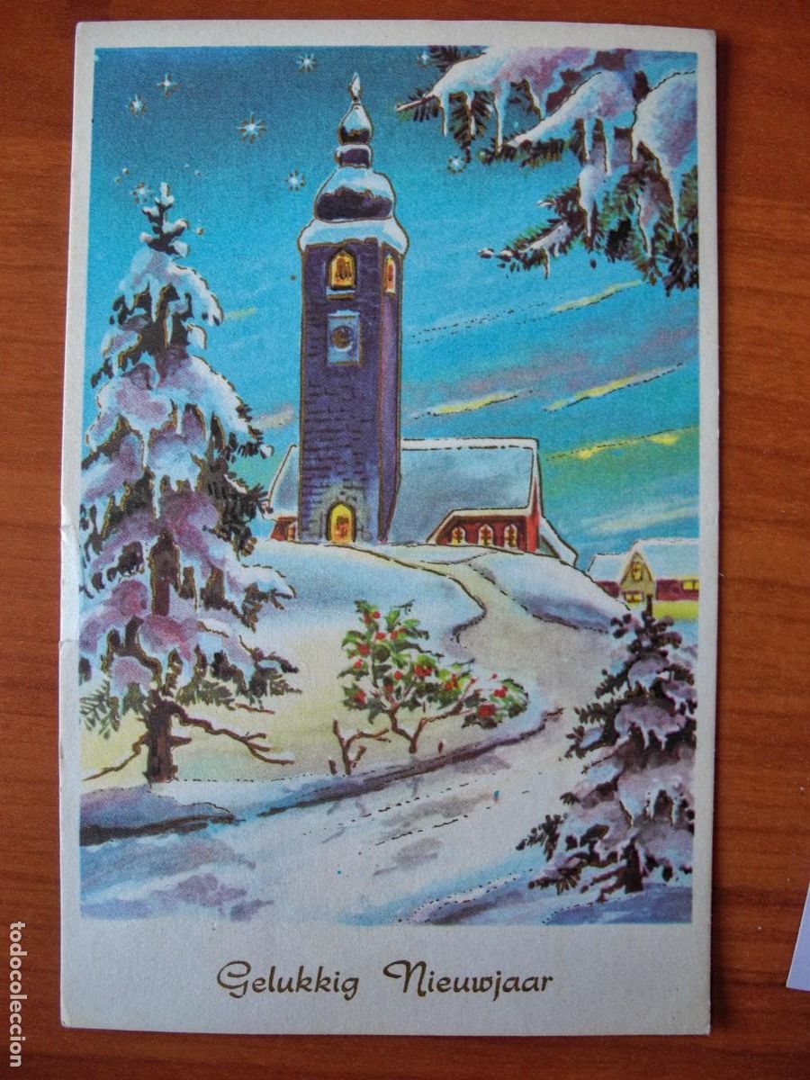 Postais: Navidad. Paisaje nevado. Iglesia. Trazos dorados. Circulada 1964 9x14