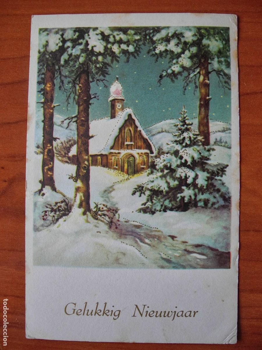 Postais: Navidad. Paisaje nevado. Iglesia. Trazos dorados. Circulada con sello 1960 9x14
