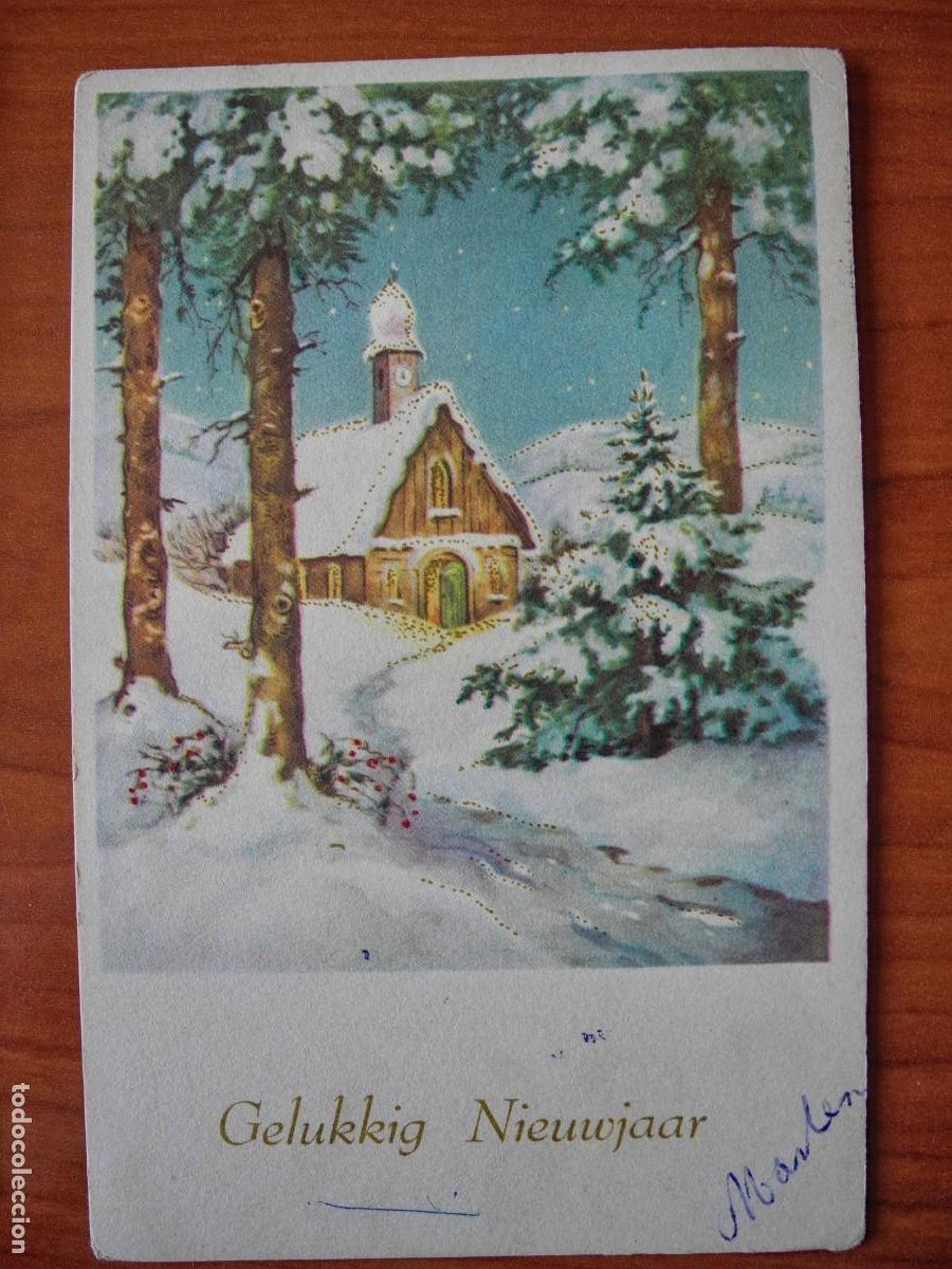 Postais: Navidad. Paisaje nevado. Iglesia. Trazos dorados. Circulada con sello 1956 9x14