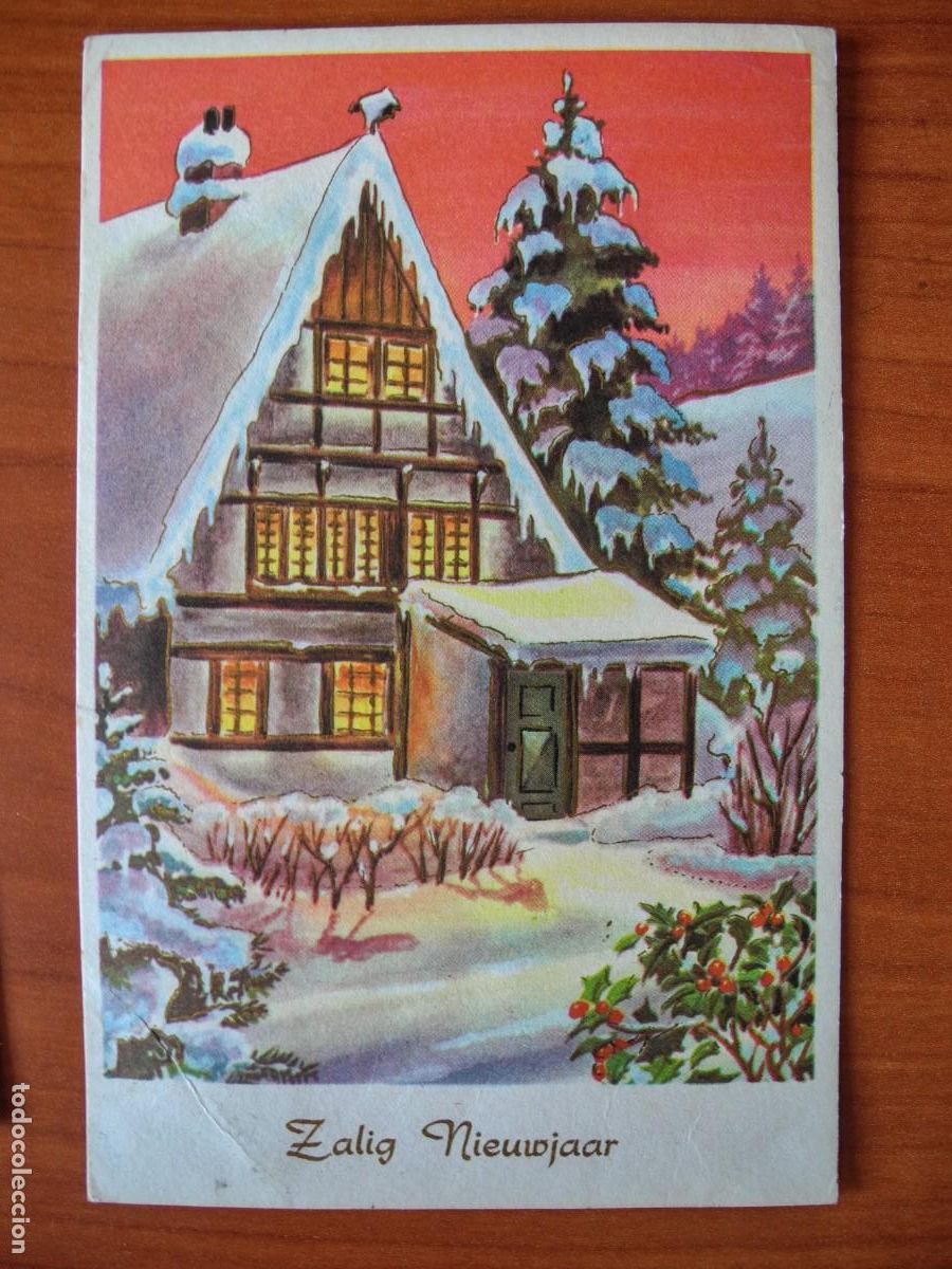 Postais: Navidad. Paisaje nevado. Trazos dorados. Circulada con sello 9x14