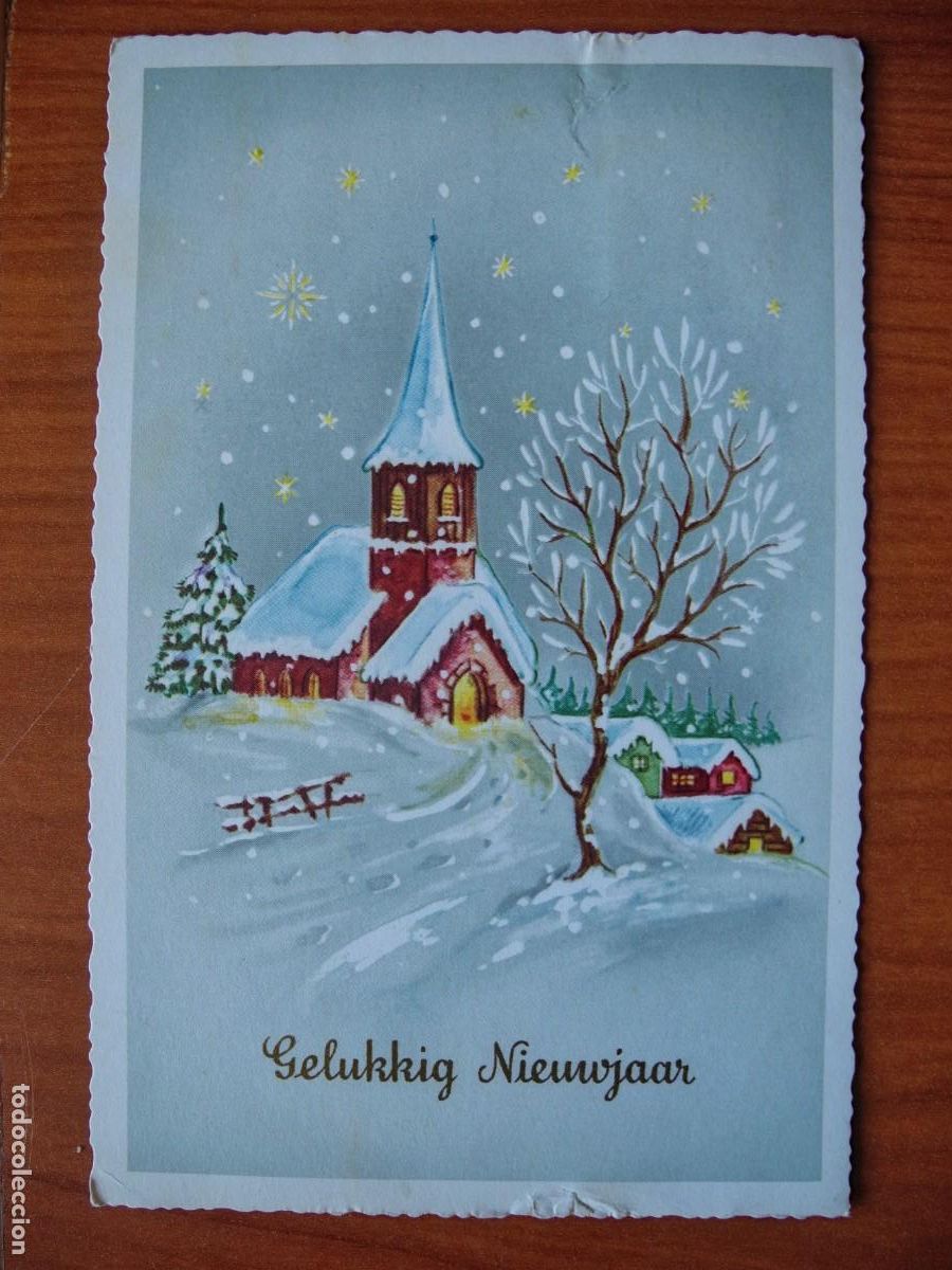 Postais: Navidad. Paisaje nevado. Iglesia. Circulada con sello 9x14