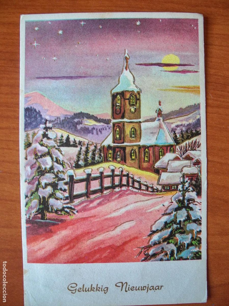 Postais: Navidad. Paisaje nevado. Iglesia. Trazos dorados. Circulada con sello 1964 9x14