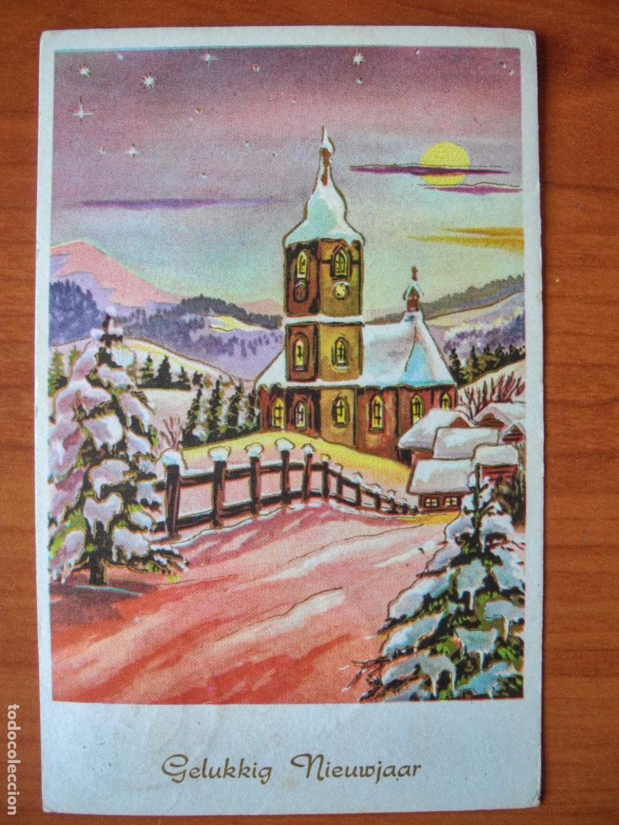 Postais: Navidad. Paisaje nevado. Iglesia. Trazos dorados. Circulada con sello 1964 9x14