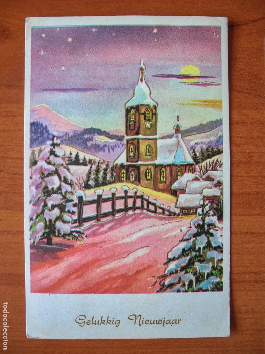 Postais: Navidad. Paisaje nevado. Iglesia. Trazos dorados. Circulada con sello 1964 9x14