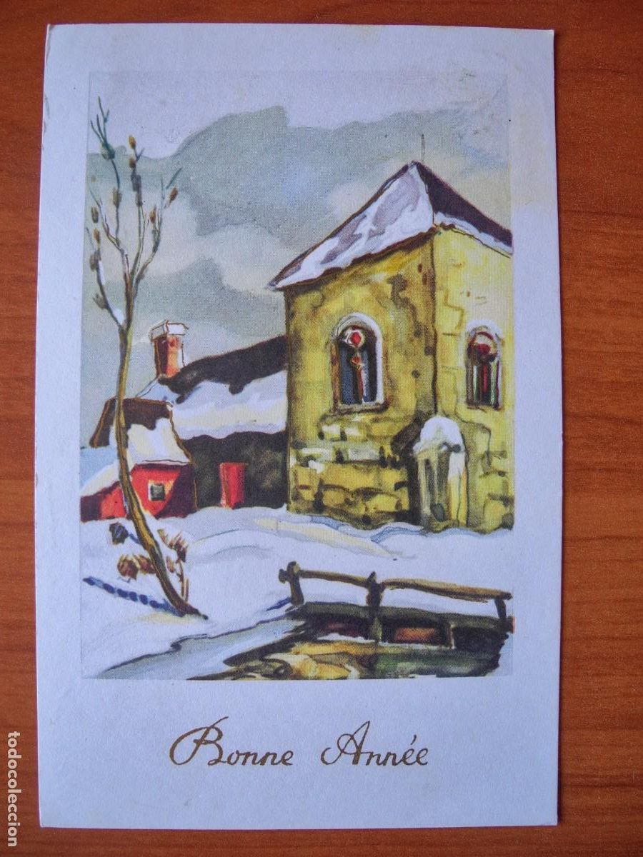 Postais: Navidad. Paisaje nevado. Iglesia. Trazos dorados. Circulada con sello 1973 9x14
