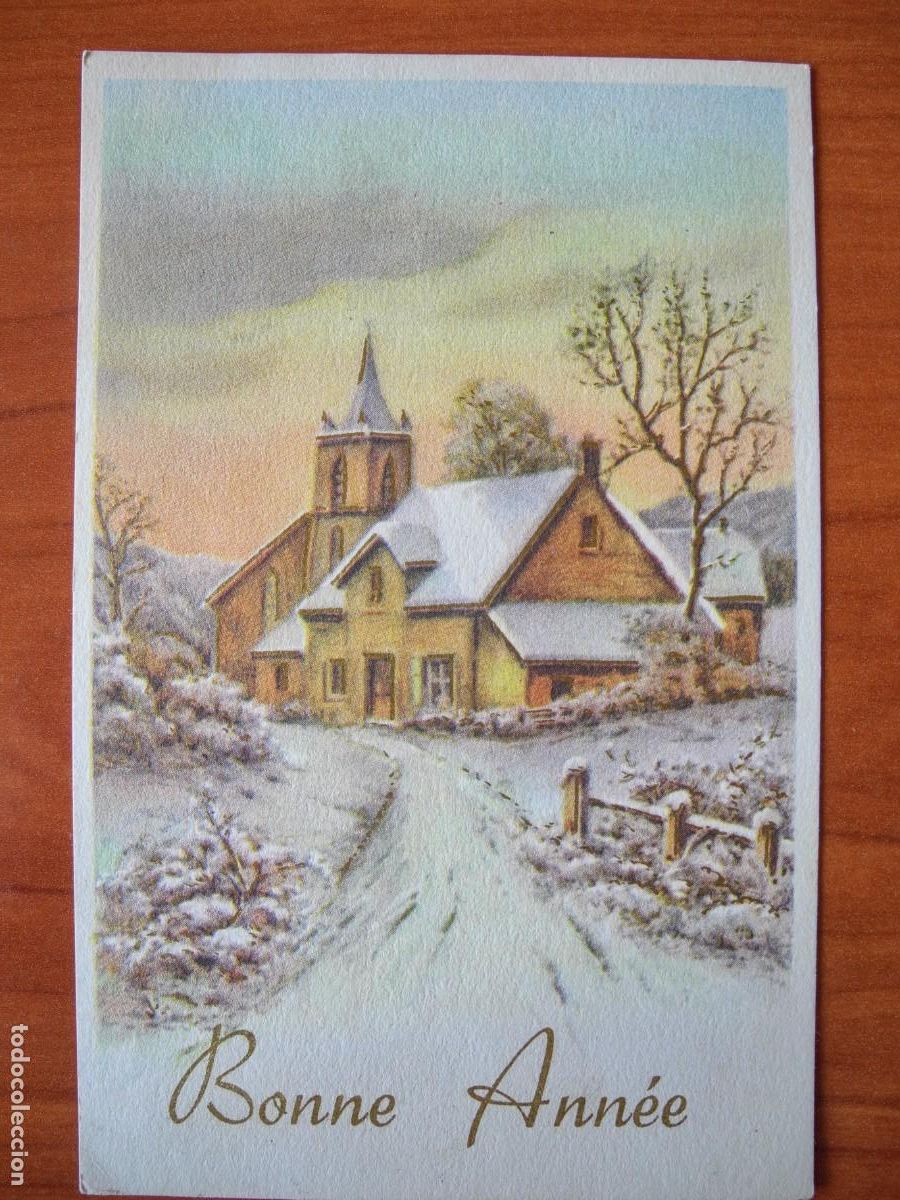 Postales: Navidad. Paisaje nevado. Iglesia. Trazos dorados. Circulada con sello 1955 9x14