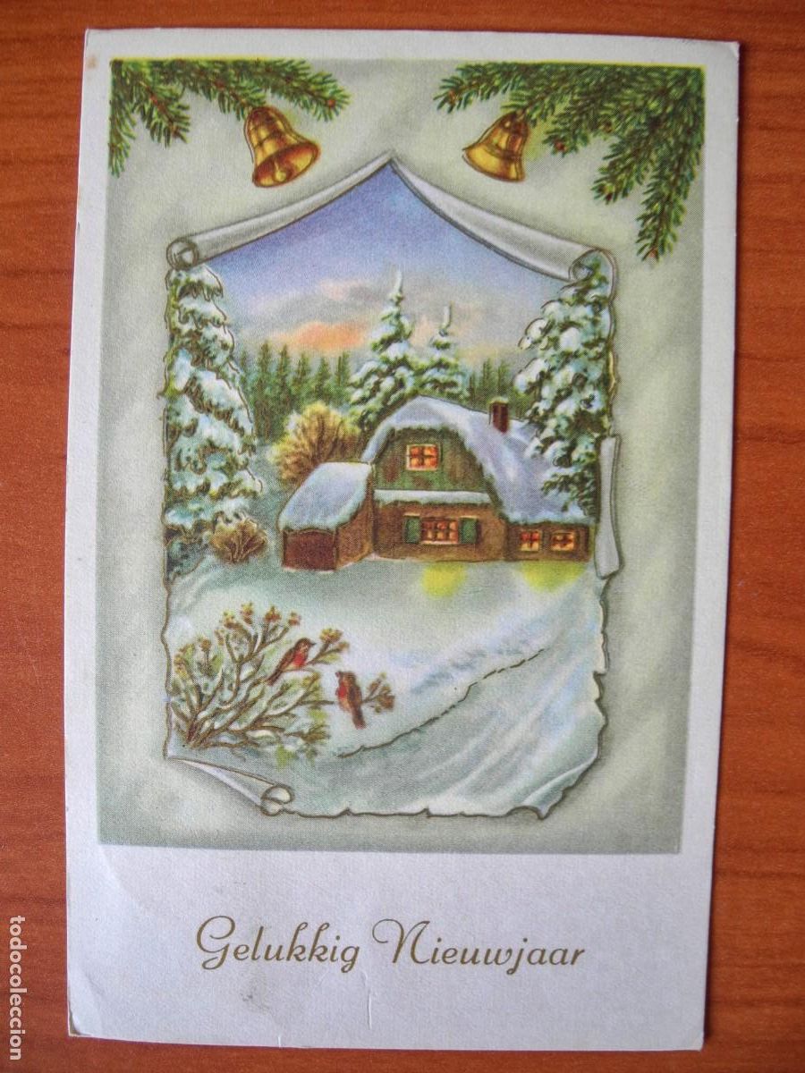 Postales: Navidad. Paisaje nevado. Trazos dorados. Circulada con sello 9x14