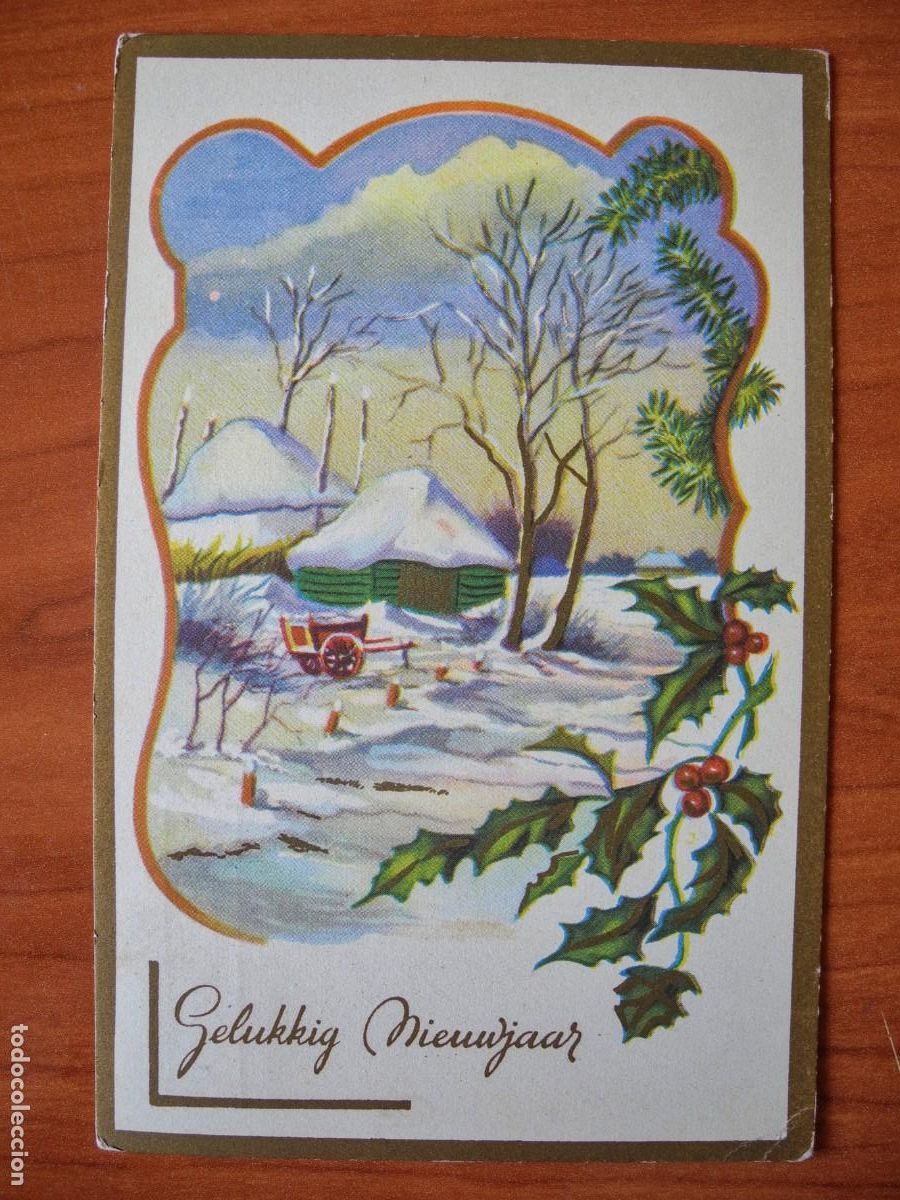 Postais: Navidad. Paisaje nevado. Carro. Acebo. Trazos dorados. Circulada con sello 9x14
