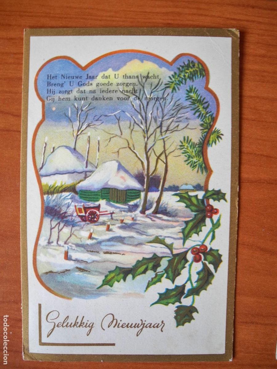 Postais: Navidad. Paisaje nevado. Carro. Acebo. Trazos dorados. Circulada con sello 1953 9x14