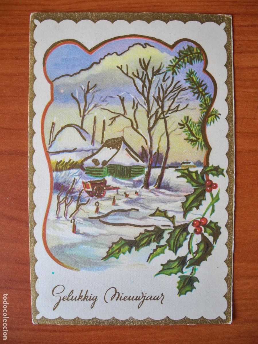 Postais: Navidad. Paisaje nevado. Carro. Acebo. Trazos dorados. Circulada con sello 9x14