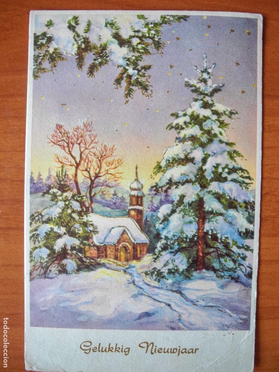 Postais: Navidad. Paisaje nevado. Iglesia. Trazos dorados. Circulada con sello 1961 9x14