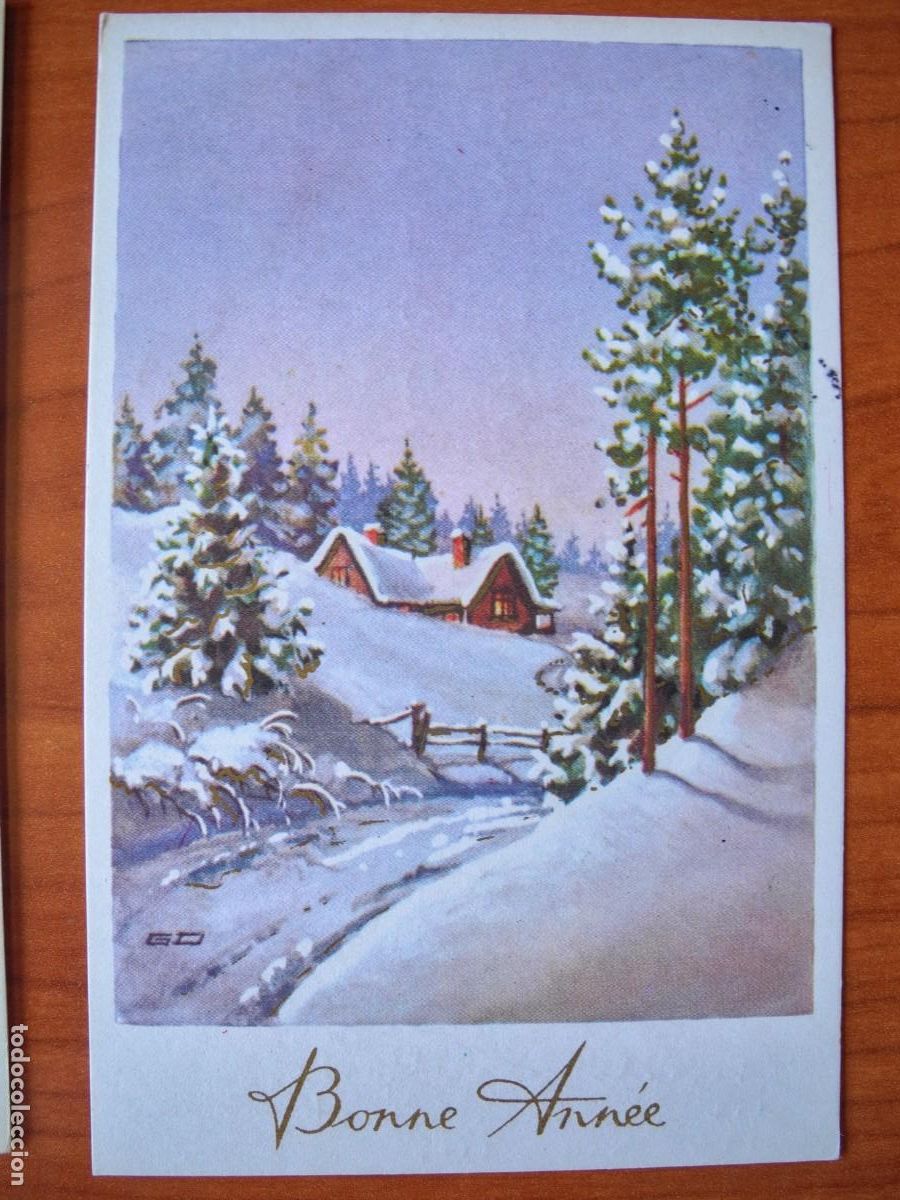 Postais: Navidad. Paisaje nevado. trazos dorados. Circulada 9x14