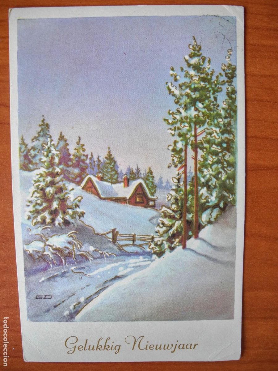 Postais: Navidad. Paisaje nevado. trazos dorados. Circulada 9x14