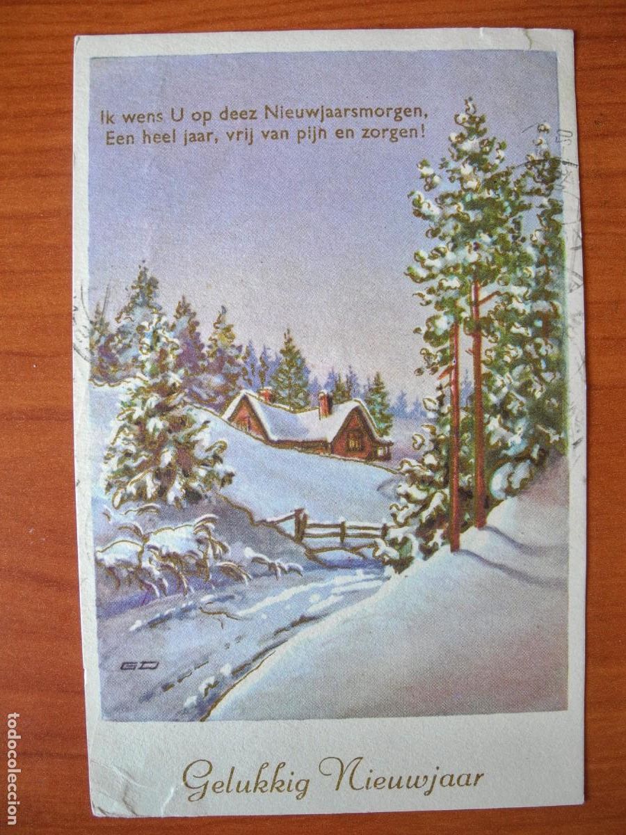 Postais: Navidad. Paisaje nevado. trazos dorados. Circulada 9x14