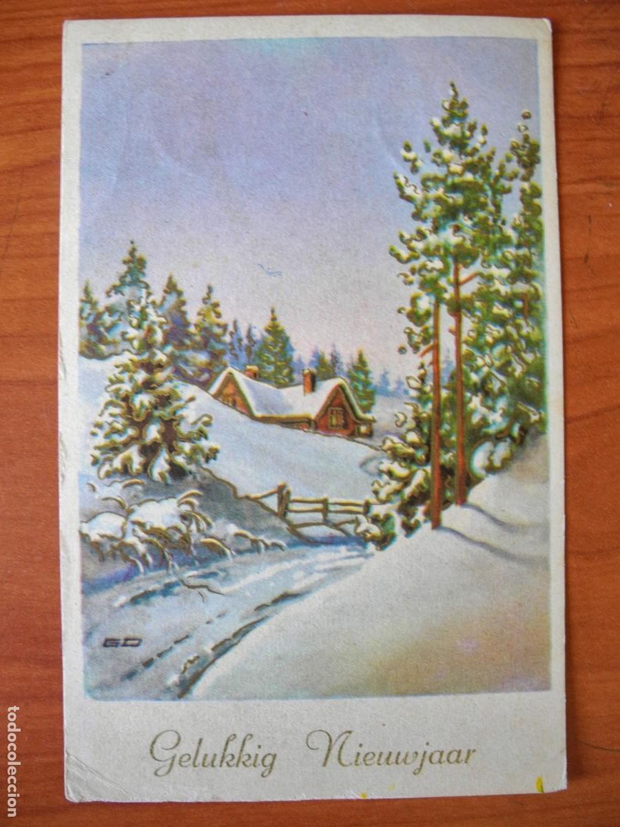 Postais: Navidad. Paisaje nevado. trazos dorados. Circulada 9x14