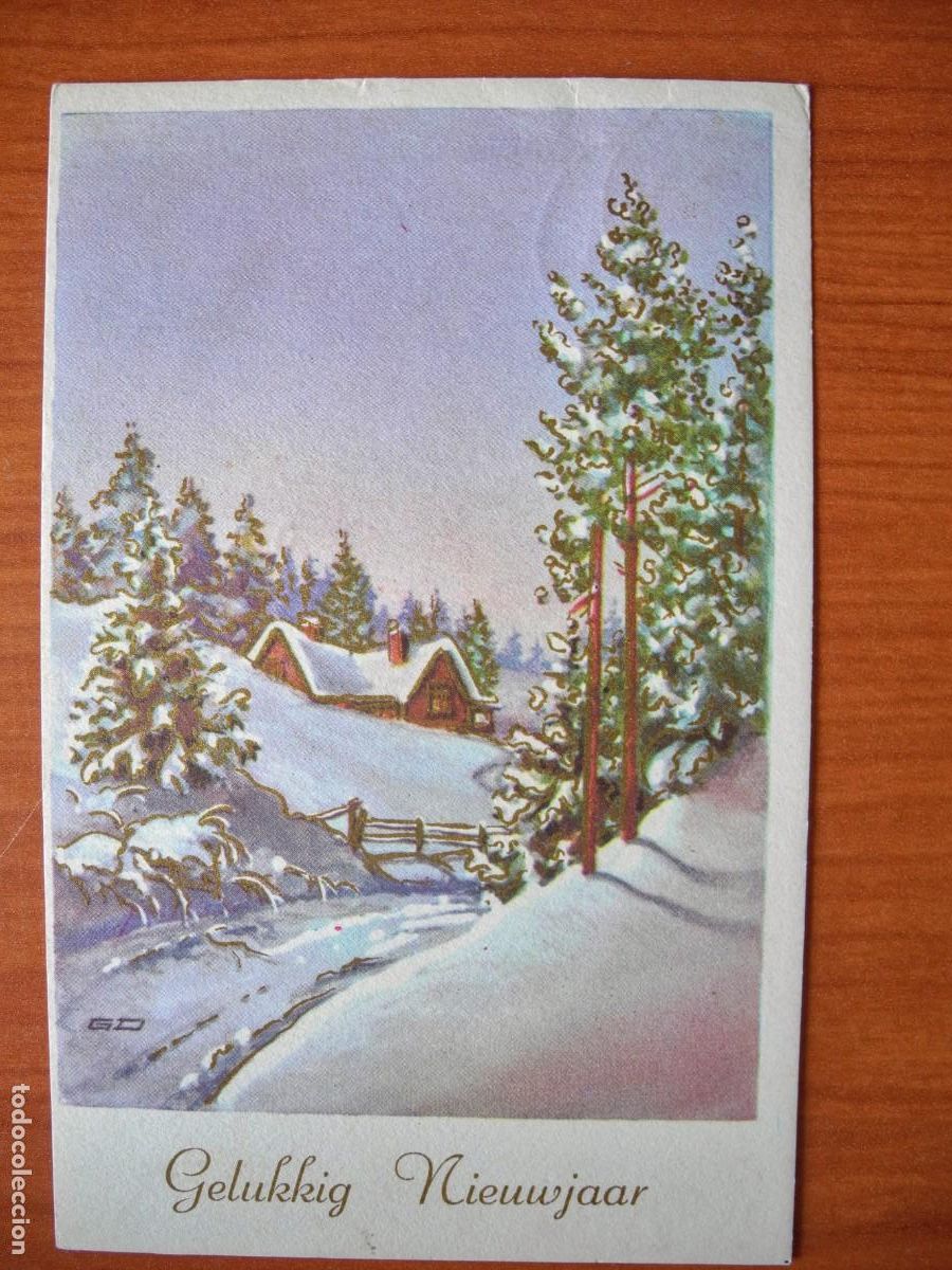 Postais: Navidad. Paisaje nevado. trazos dorados. Circulada 9x14