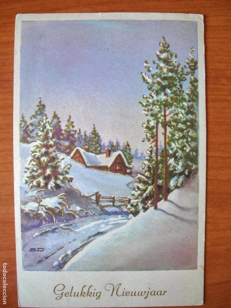 Postais: Navidad. Paisaje nevado. trazos dorados. Circulada 9x14