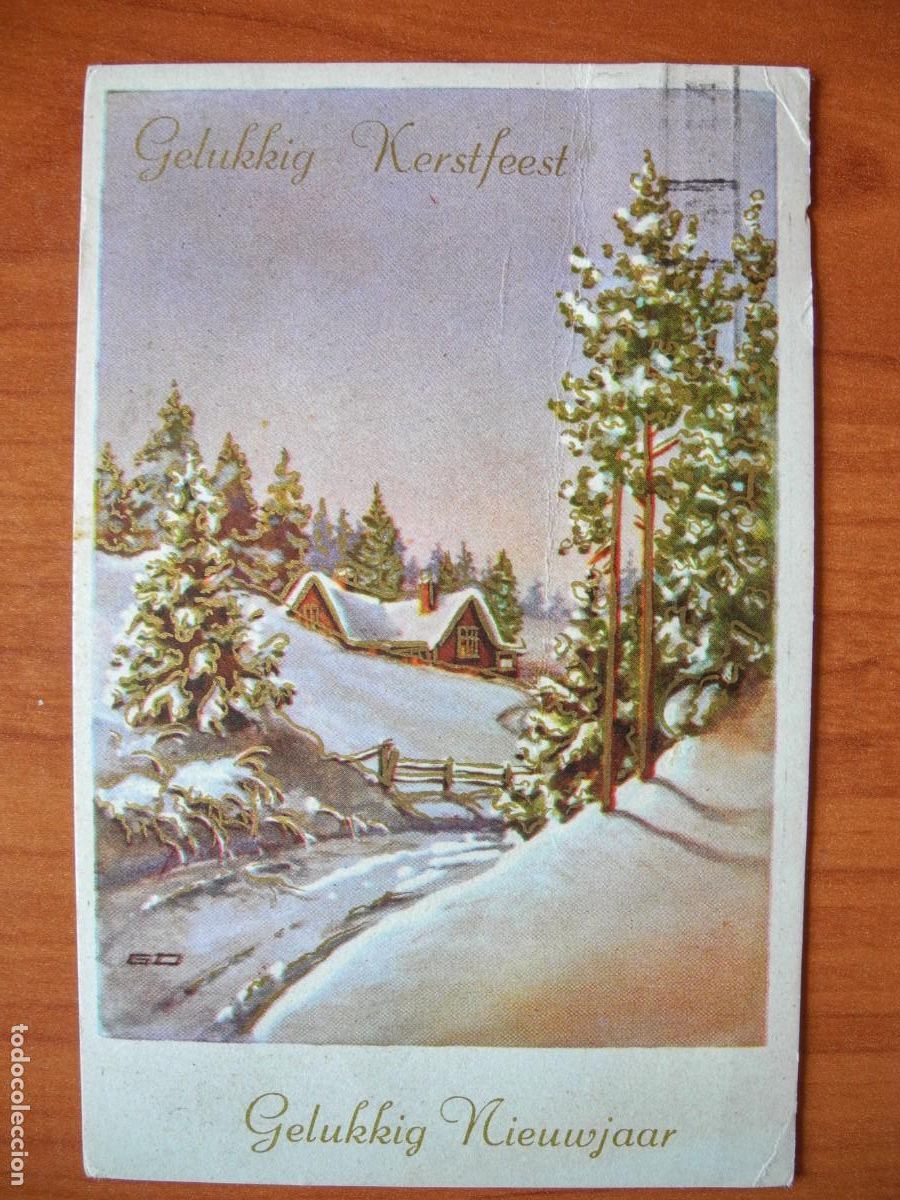 Postais: Navidad. Paisaje nevado. trazos dorados. Circulada 9x14