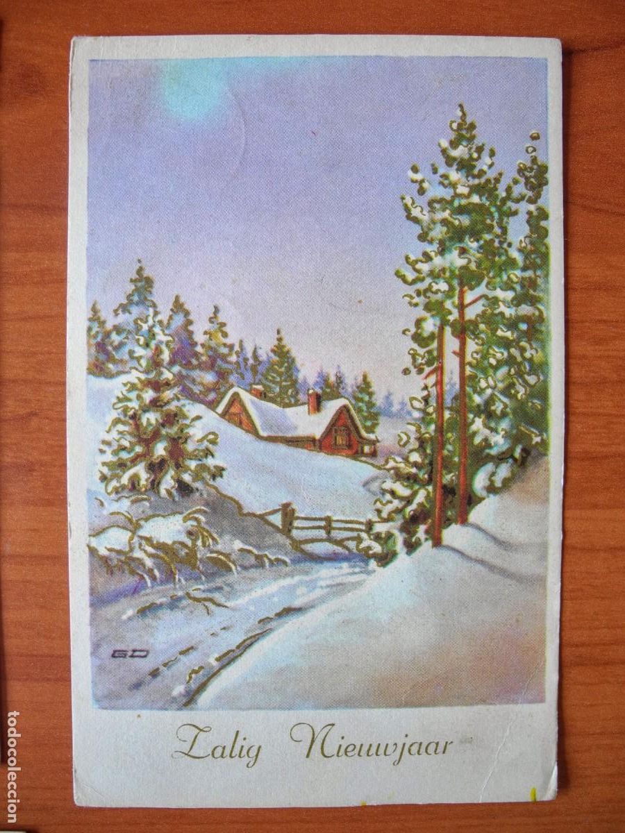 Postais: Navidad. Paisaje nevado. trazos dorados. Circulada 9x14