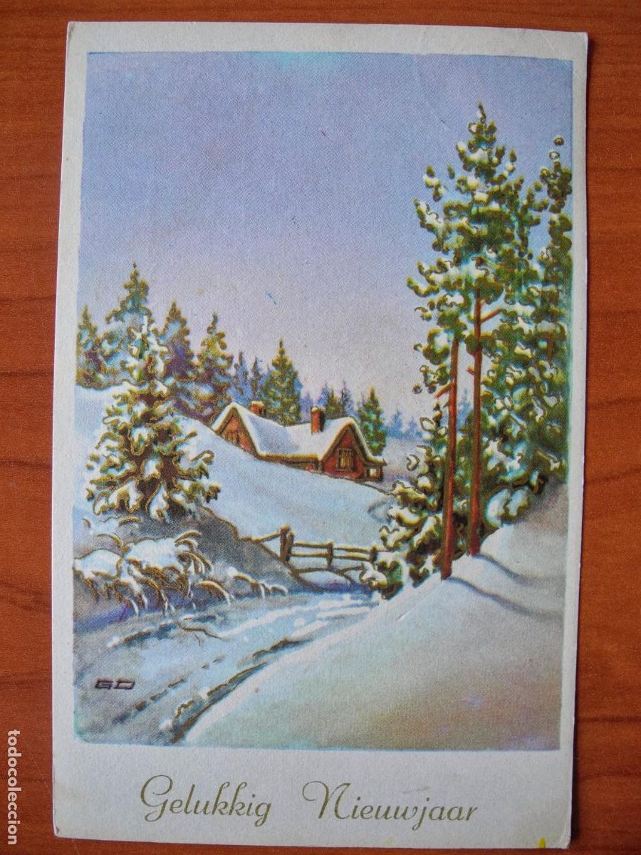 Postais: Navidad. Paisaje nevado. trazos dorados. Circulada 9x14