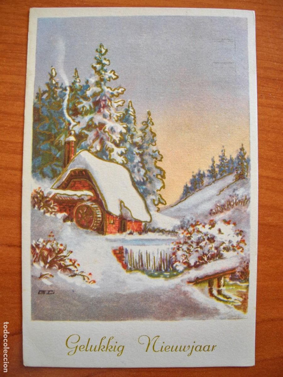 Postais: Postal de Navidad. Paisaje nevado. Trazos dorados. Molino de agua. Circulada con sello 1967 9x14