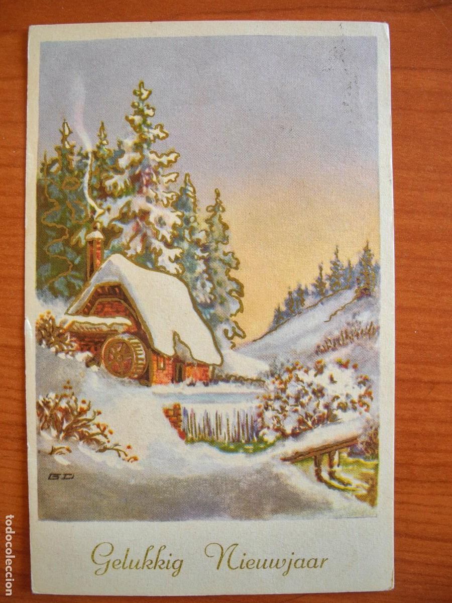 Postais: Postal de Navidad. Paisaje nevado. Trazos dorados. Molino de agua. Circulada sin sello 9x14