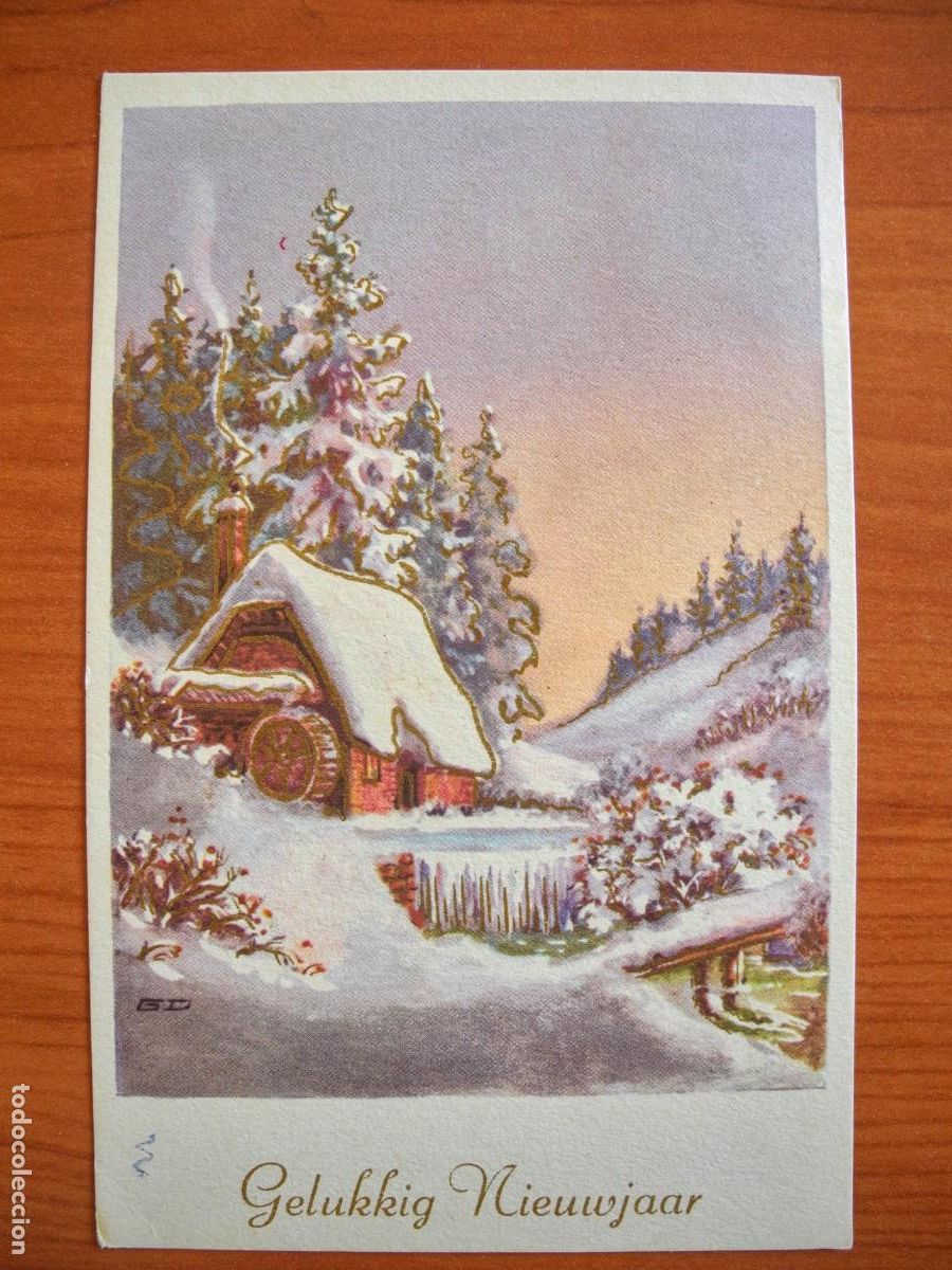 Postais: Postal de Navidad. Paisaje nevado. Trazos dorados. Molino de agua. Circulada con sello 9x14
